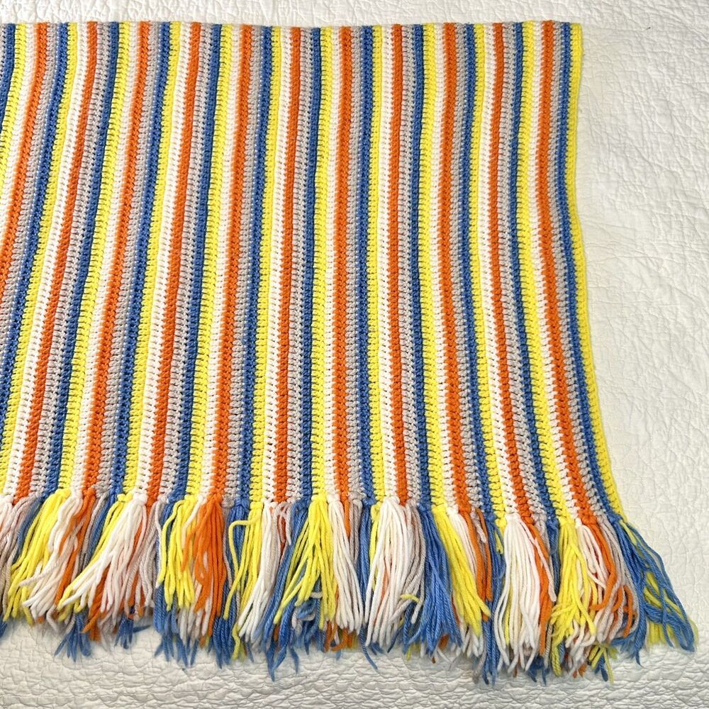 Handmade Vintage Cottagecore Orange Yellow Blue & White Afghan Blanket 56 x 41”